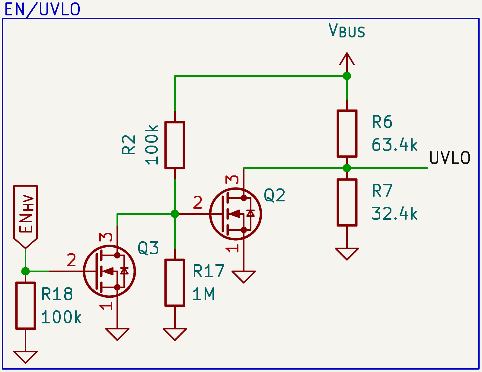 A circuit diagram describing the Enable/UVLO circuit for the high voltage converter